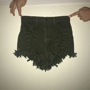 Army green high waisted denim shorts